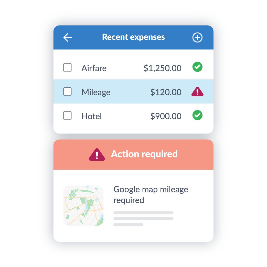 Process illustration showing a user's recent expense and that there is an action required for their mileage