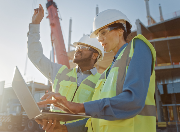 A construction professional pointing and the other monitoring their construction budget on a laptop