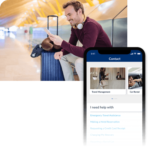 Business traveler looking at travel management software