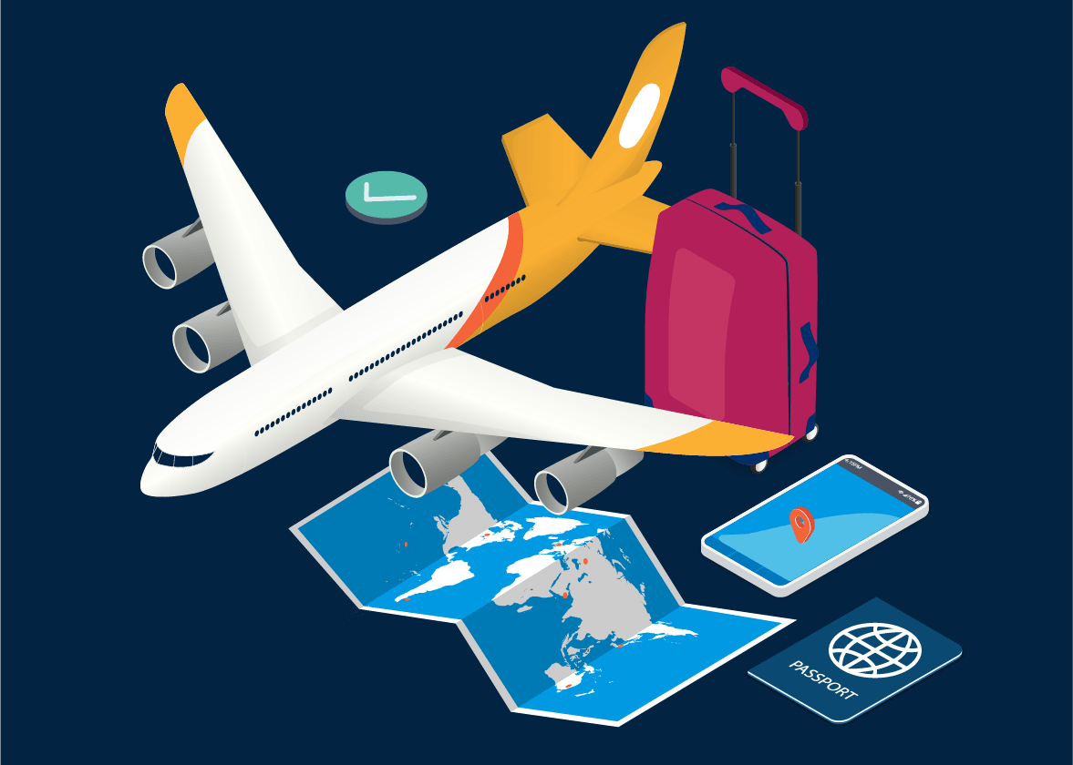 Composite image of a passenger plane, map, and suitcase